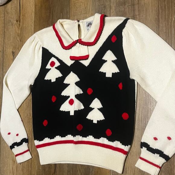 Vtg Lanz Originals Holiday Intarsia Knit Sweater M Peter Pan Collar Trees Folk - Picture 2 of 9